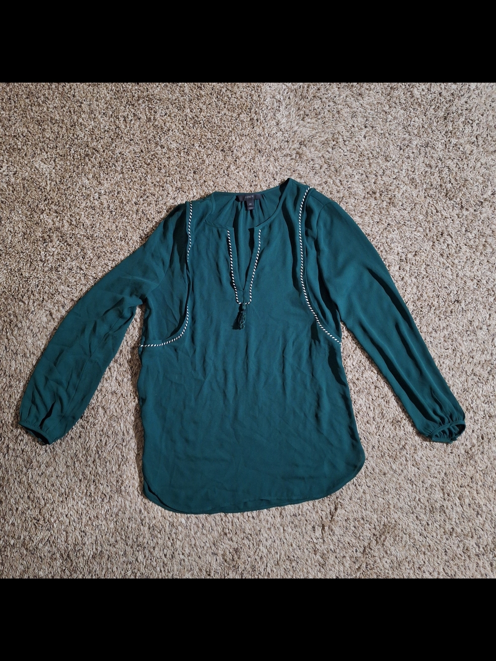 J. Crew Forest Green Braided Trim Tassel Tunic Blouse (Size 00)
